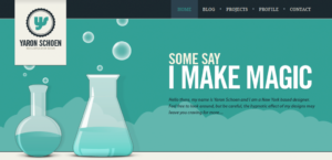 Web page design with the text "Some say I make magic" featuring beaker graphics and a navigation bar.