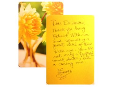 patient testimonial for Dr. Larian with yellow flowers