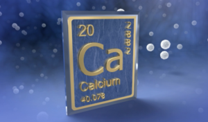 3D render of a periodic table element for calcium, with atomic number, symbol, and atomic weight, on a blue background with floating molecules.