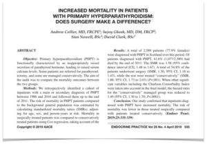 Abstract of a medical research article on increased mortality in patients with primary hyperparathyroidism and the impact of surgery on survival.