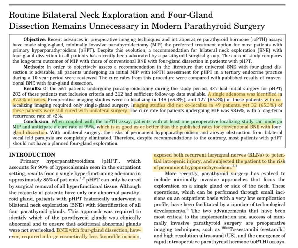 four gland dissection remains unnecessary in modern parathyroid surgery