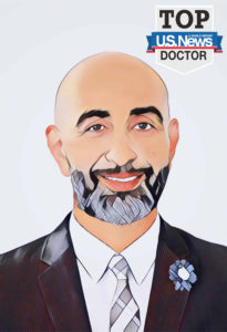 Illustration of a smiling man with a beard wearing a suit and tie featuring a "Top Doctor" badge from U.S. News & World Report.